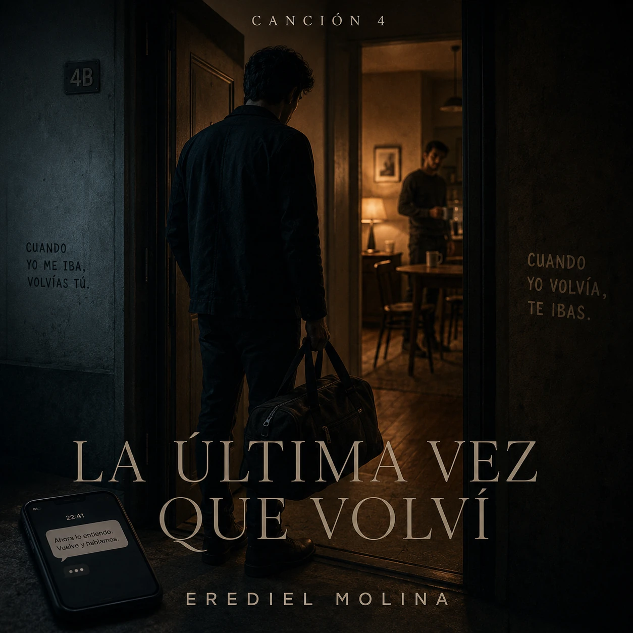 Portada oficial de La Última Vez Que Volví, con una bolsa, una puerta y una calle nocturna.